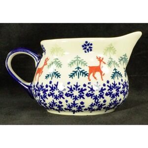 Boleslawcu Polish Pottery Christmas Creamer with‎ Reindeer Pine Trees Snowflakes